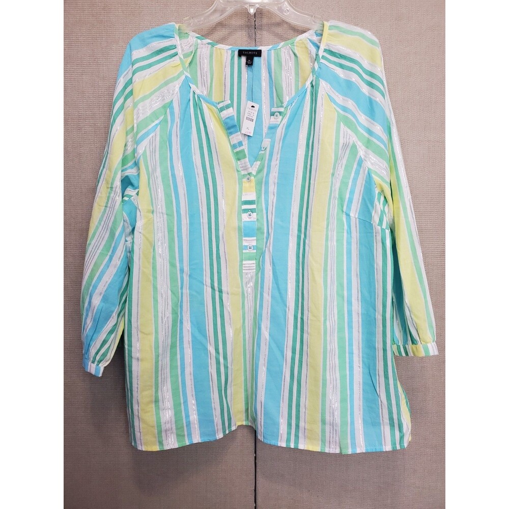Talbots Cotton Sunny Stripe Silver Shimmer Henley Neck Popover Size XL NWT